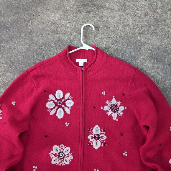 Vintage Charter Club Cardigan Sweater Womens L Red Cottage Snowflake Lambswool - Picture 2 of 7
